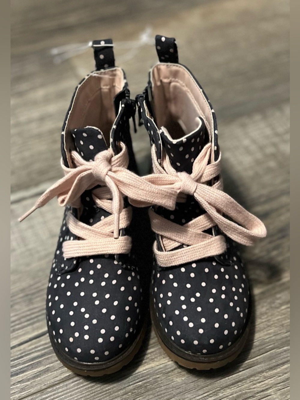 Cat & Jack Navy Polka Dot Boots with Pink Laces